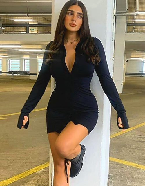 Load image into Gallery viewer,  Ruched Black Women's Shirt Dress 
